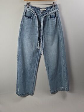 HIDDEN Wide Leg Distressed Light Wash Tie-Belt Jeans Sz 28 Euro Boho Streetwear
